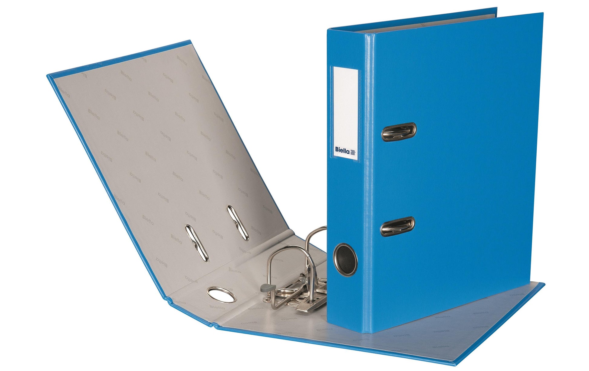 Biella Ordner – A5 hoch – 2-Ring Hebelmechanik, Rücken 40 mm – blau, Karton, mit Niederhalter, mit Griffloch