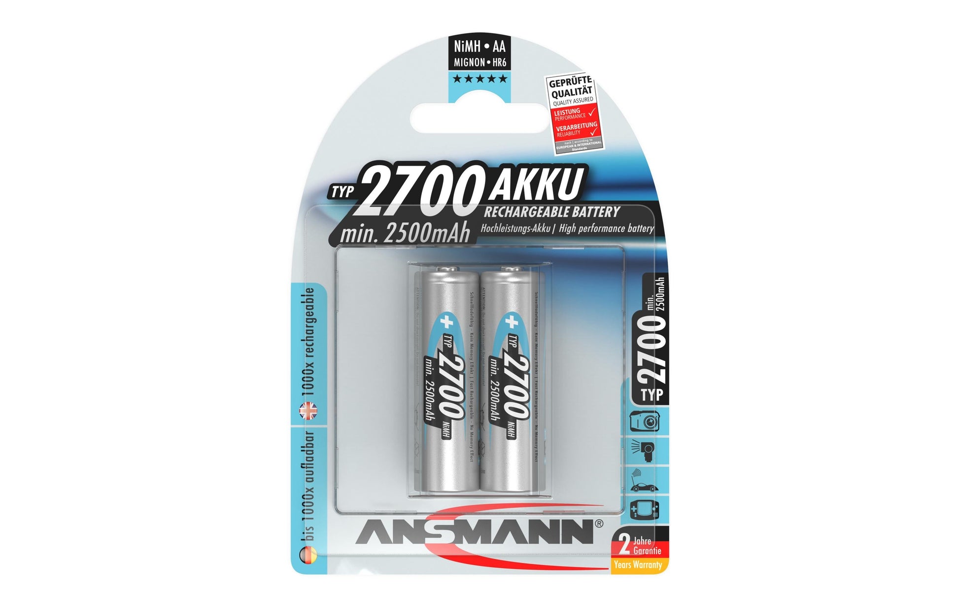 Ansmann AA Akkus, NiMH, 2700 mAh, 1,2 V – 2 Stk.