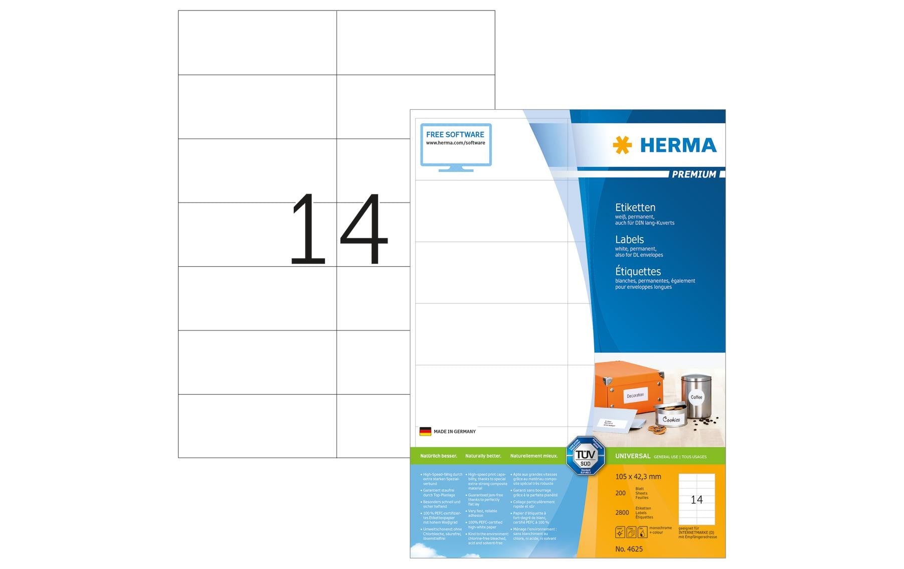 HERMA Selbstklebende Etiketten, 105 mm × 42 mm, weiss, Papier, permanent, 200 Blatt (2'800 Etiketten)