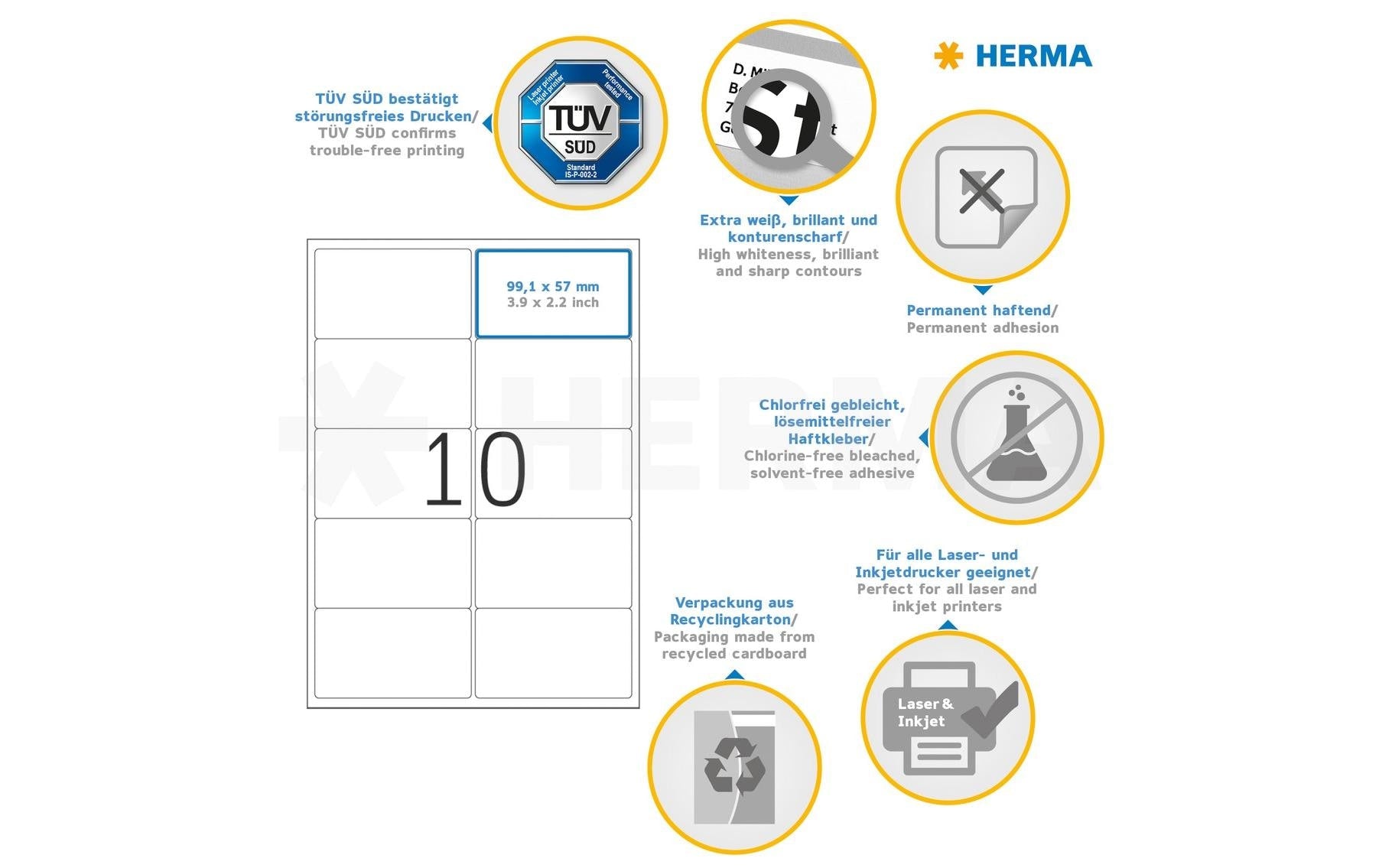 HERMA Adressetiketten, A4, 99 mm × 57 mm, weiss, Papier, permanent, 1000 Etiketten (100 Blatt)