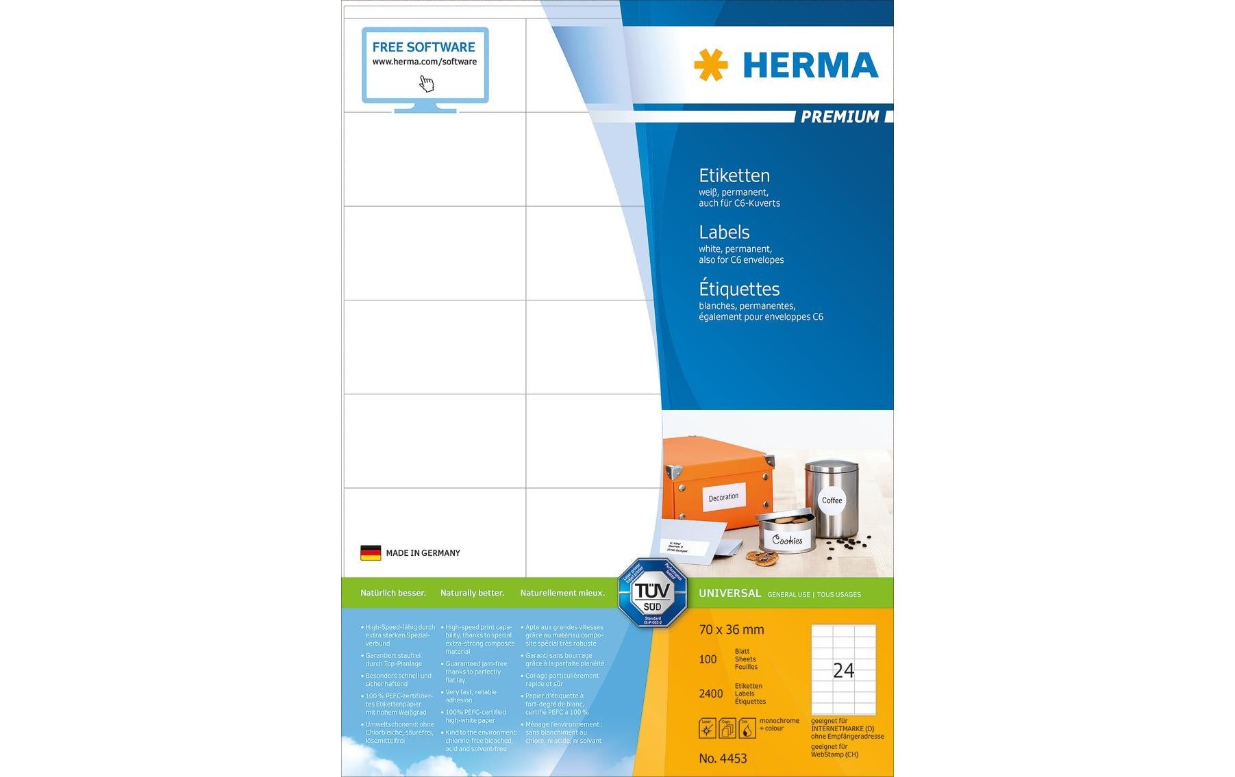 HERMA Druckeretiketten, 70 mm × 36 mm, weiss, permanent, 2400 Etiketten (100 Blatt)