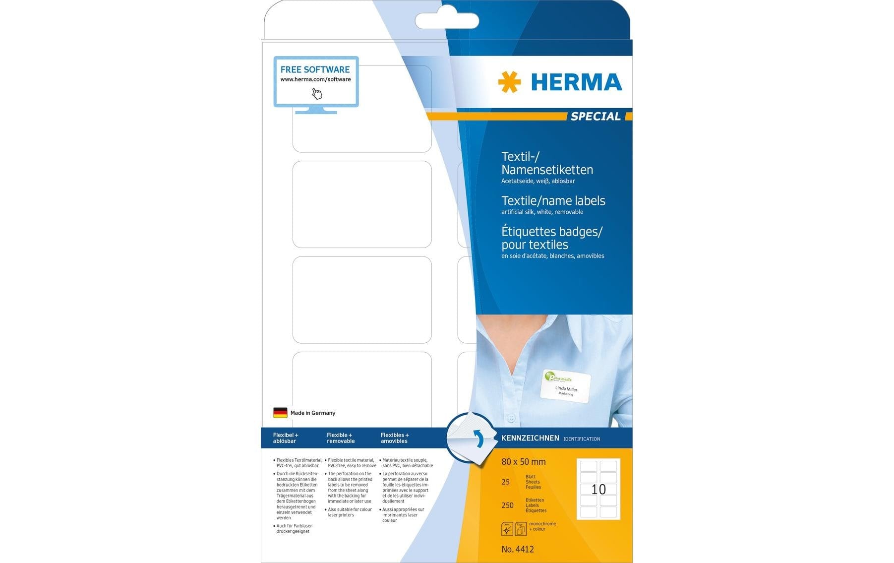 HERMA Namens-Etiketten SPECIAL, 80 mm × 50 mm, weiss, Acetatseide, selbstklebend, 250 Etiketten