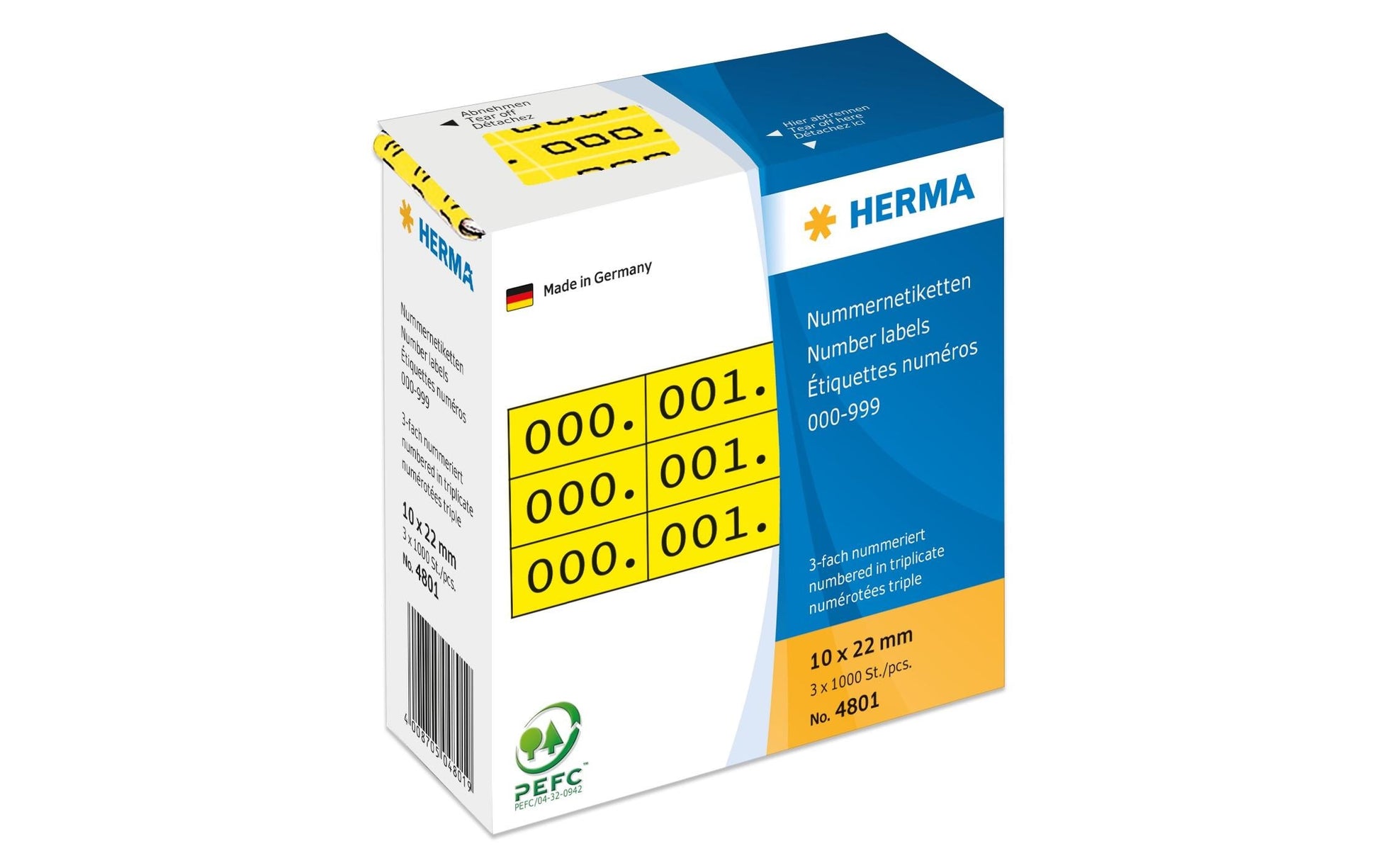 HERMA Nummernetiketten – rechteckig 10 × 22 mm, permanent, gelb/schwarz, Papier, 3 Rollen (3'000 Stk.)