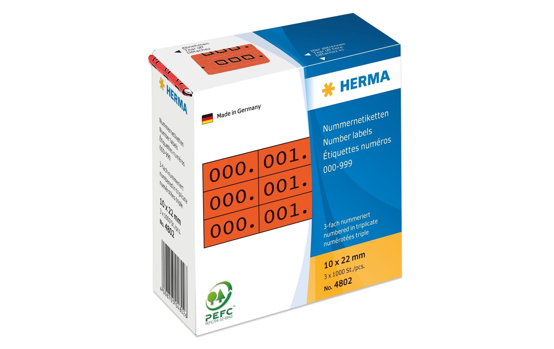 HERMA Nummernetiketten – rechteckig 10 × 22 mm, permanent, rot, nummeriert, 3 Rollen (3'000 Stk.)