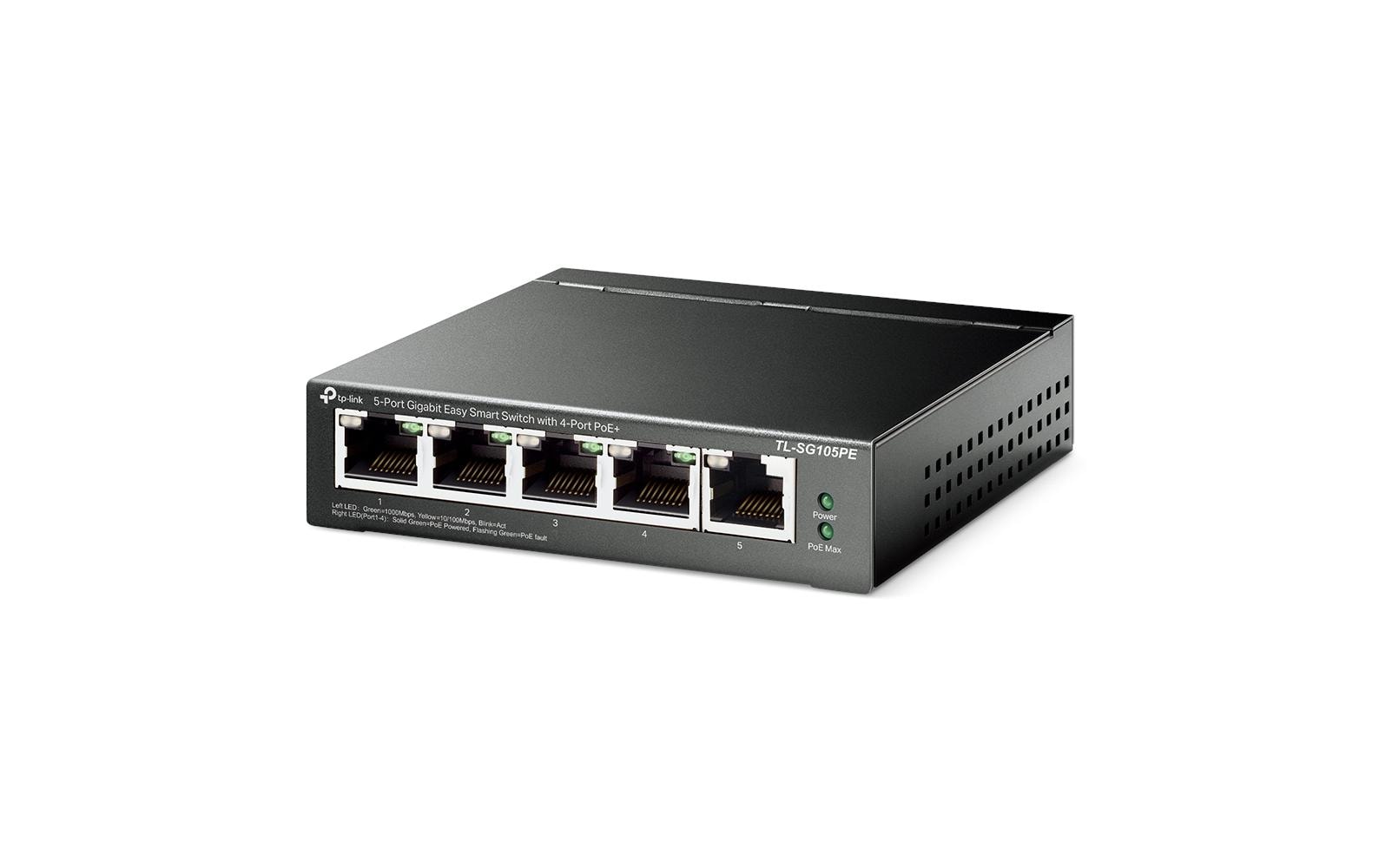 TP-Link TL-SG105PE – Managed L2 Switch – 5× 1G, 4× PoE+, PoE-Budget 65 W, Desktop
