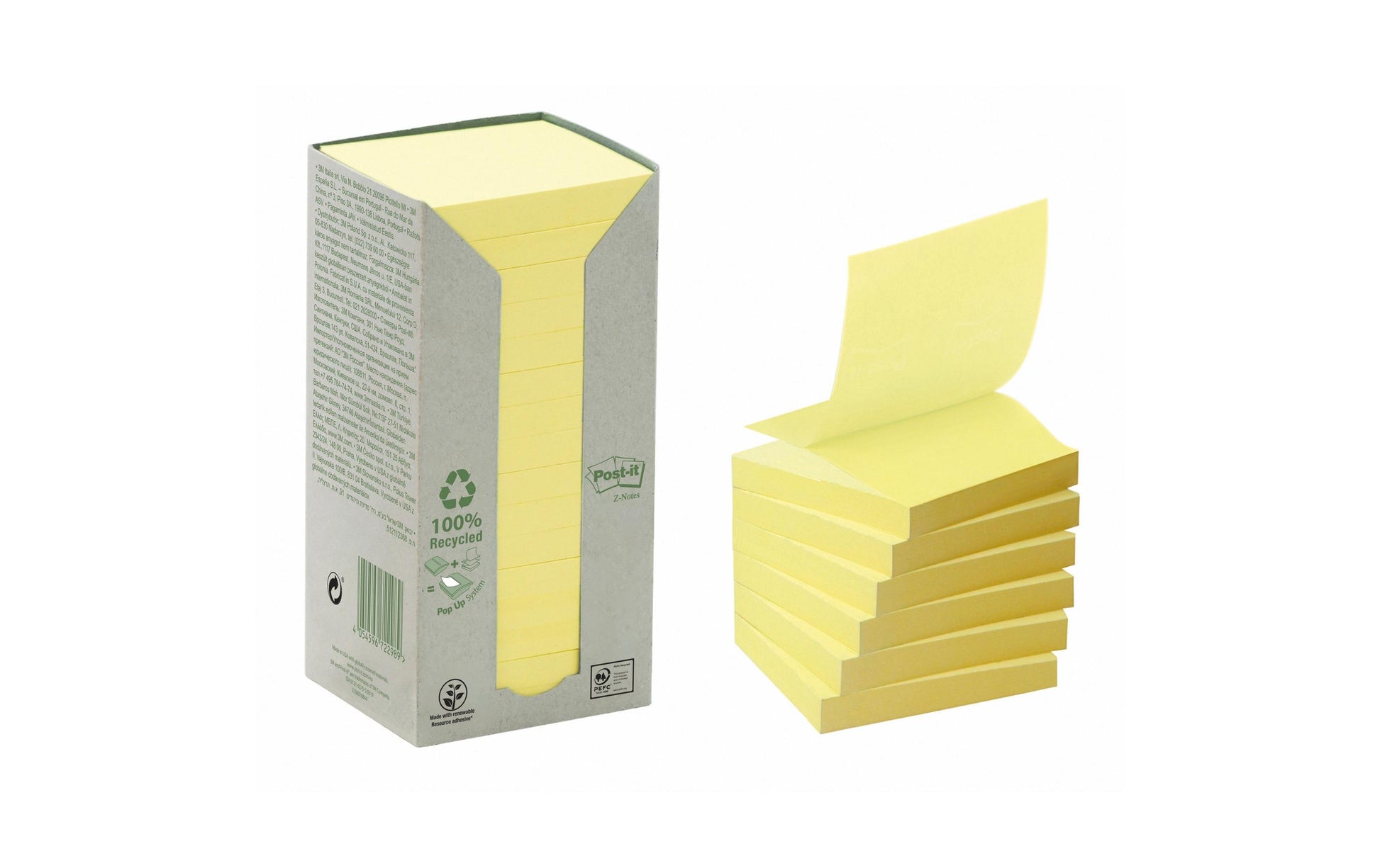 Post-it Recycling Tower Haftnotizen – 76×76 mm – Gelb, 16×100 Blatt, PEFC
