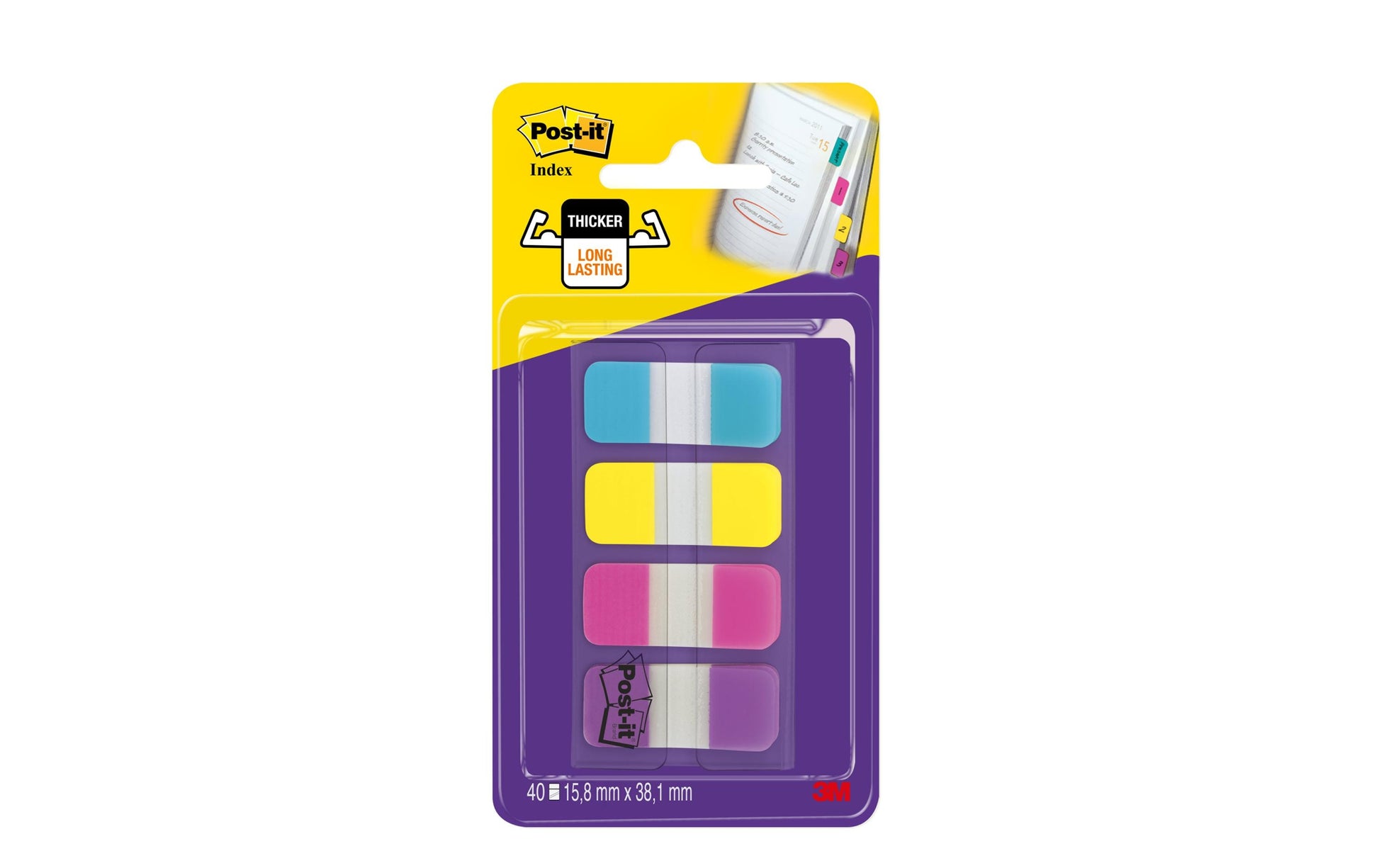 3M Post-it Indexstreifen Strong schmal – 16×38 mm – sortiert, 4×10 Stück, mit Dispenser