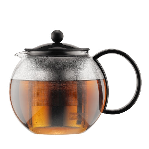Bodum Assam Teebereiter – 1 l, Borosilikatglas/Edelstahl, Schwarz/Transparent, Edelstahlfilter, für Teeblätter