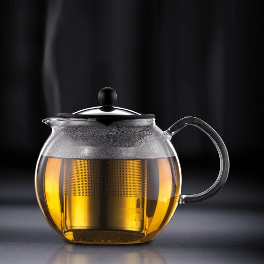 Bodum Assam – Teekanne, 0,5 l, Borosilikatglas, Edelstahl-Teesieb, Schwarz
