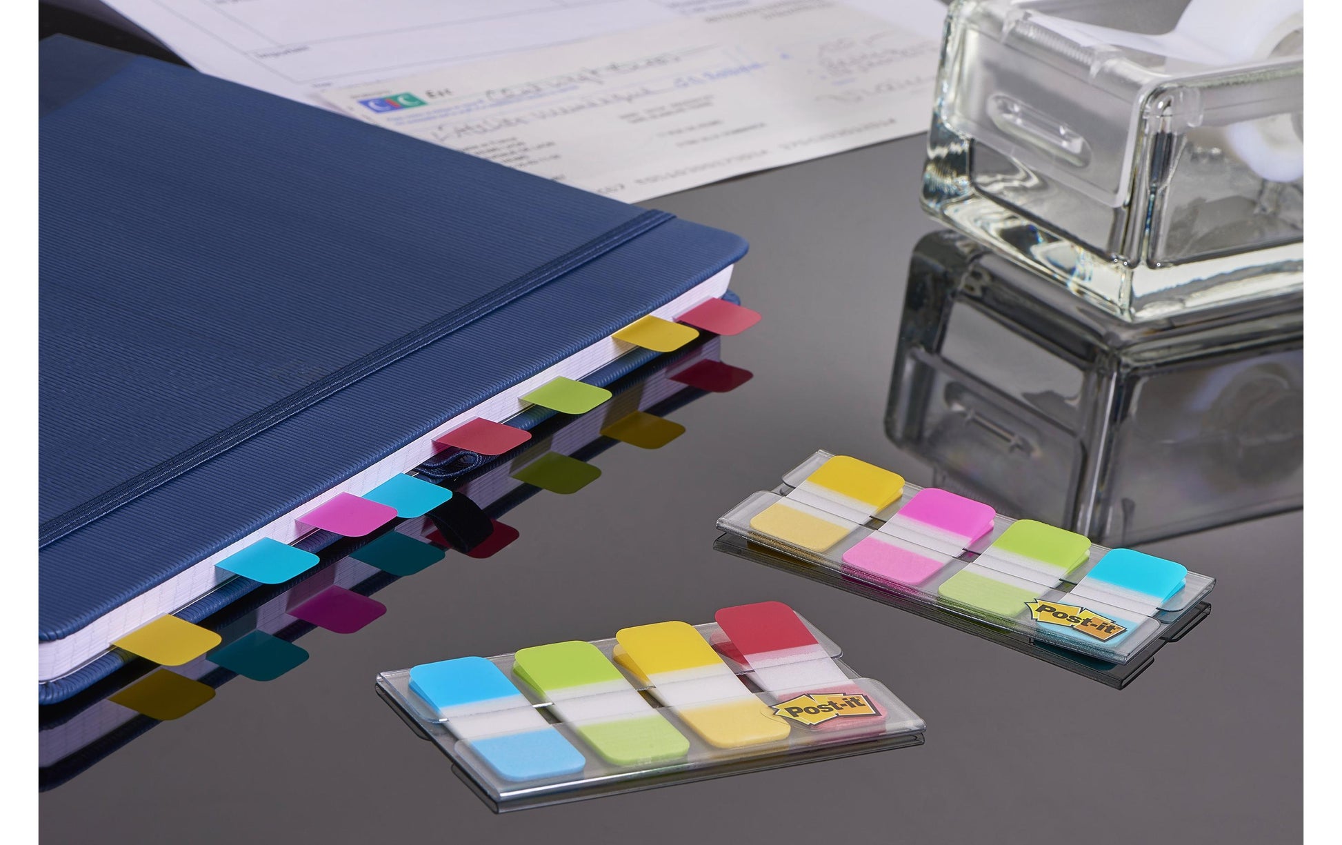 3M Post-it Indexstreifen Strong schmal – 16×38 mm – sortiert, 4×10 Stück, mit Dispenser