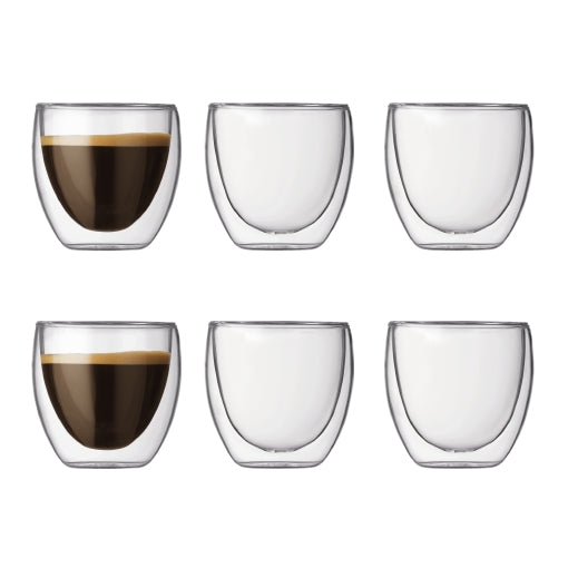 Bodum PAVINA Trinkglas – 6er Set, 80 ml, Ø 6,3 cm, H 6,5 cm, Borosilikatglas, doppelwandig