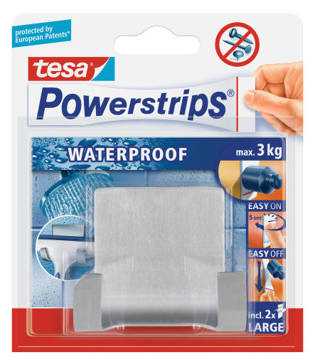 TESA Handtuchhaken (Doppelhaken) – 1-teilig – Klebemontage – 7,1 × 6 × 3,6 cm – Silber – Edelstahl/Kunststoff
