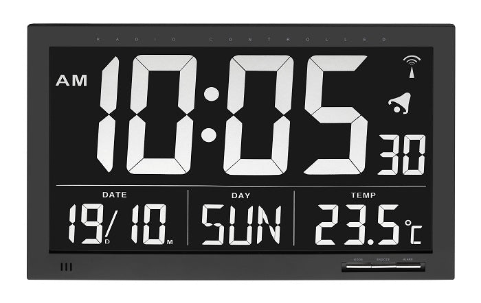 TFA-Dostmann TFA Dostmann Wanduhr – Digital, Funk, Thermometer, lautlos, 36,8 × 23,0 × 2,9 cm, schwarz, Kunststoff