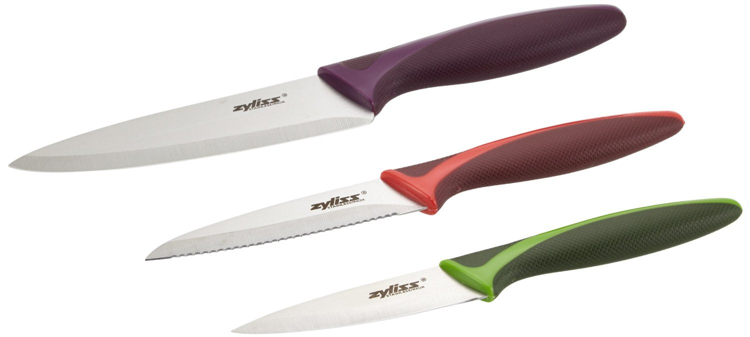 Zyliss 3-teiliges Messerset, Edelstahlklingen 9/10/14 cm, Kunststoffgriffe, mehrfarbig
