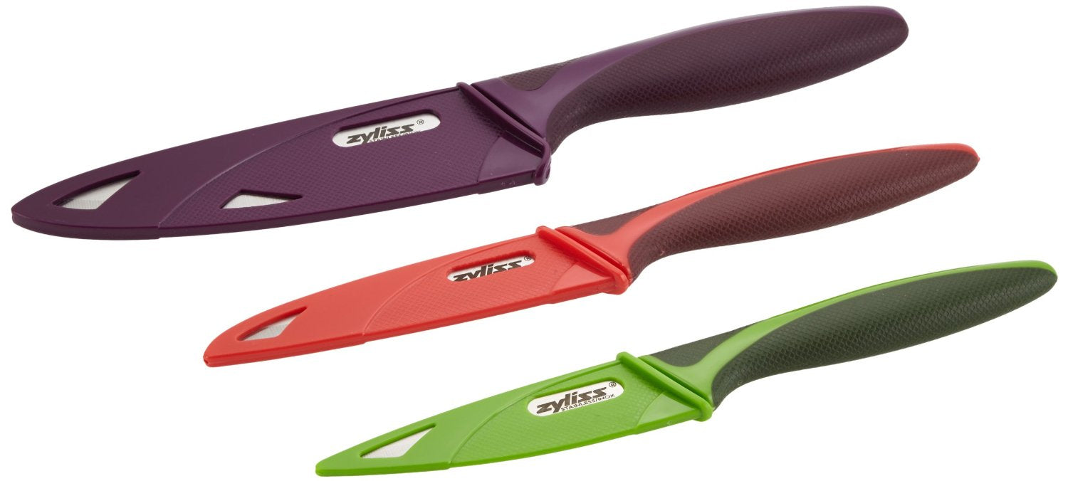 Zyliss 3-teiliges Messerset, Edelstahlklingen 9/10/14 cm, Kunststoffgriffe, mehrfarbig