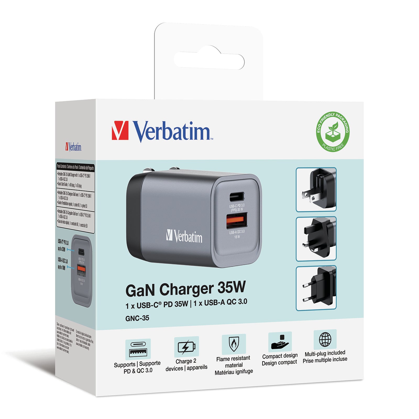 Verbatim GNC-35 USB-Ladegerät 35 W – USB-C×1, USB-A×1 – PD, PPS, QC 3.0, GaN