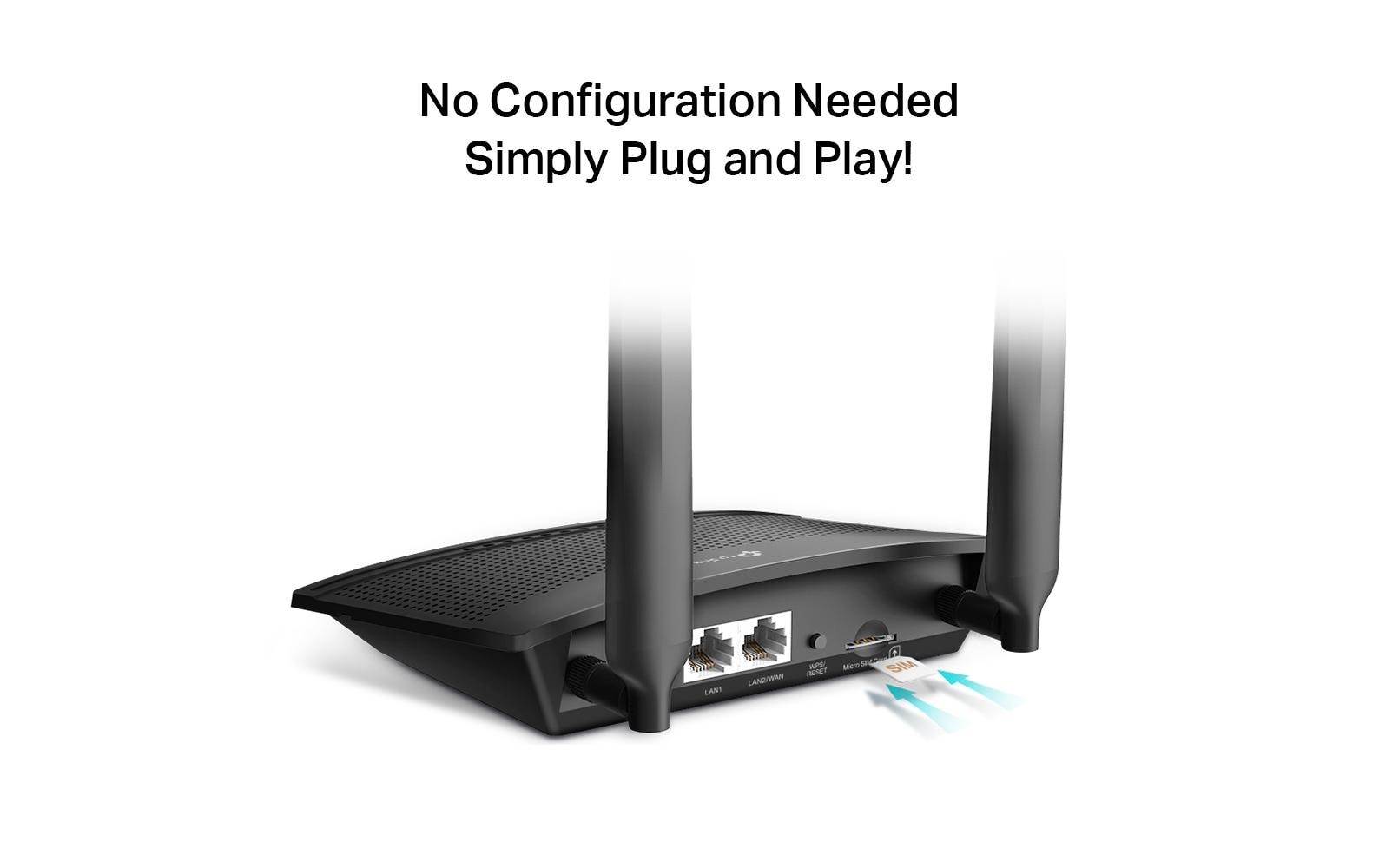 TP-Link LTE-Router, Wi-Fi 4, Einzelband (2,4 GHz), bis 300 Mbit/s, 2x RJ-45 (10/100), 4G, Micro-SIM, Schwarz