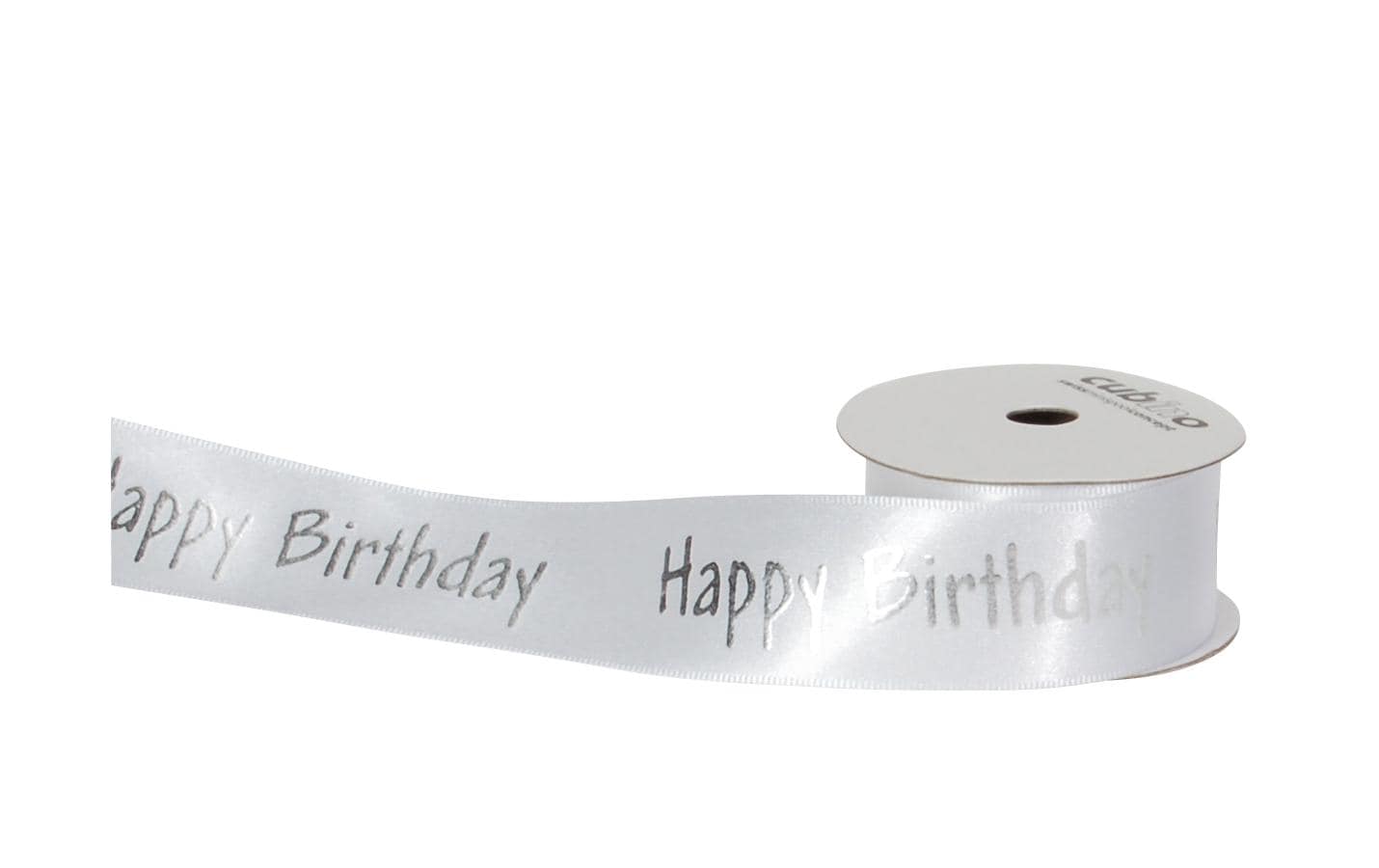 Spyk Geschenkband Cubino Happy Birthday Silber/Weiss – 25 mm × 3 m