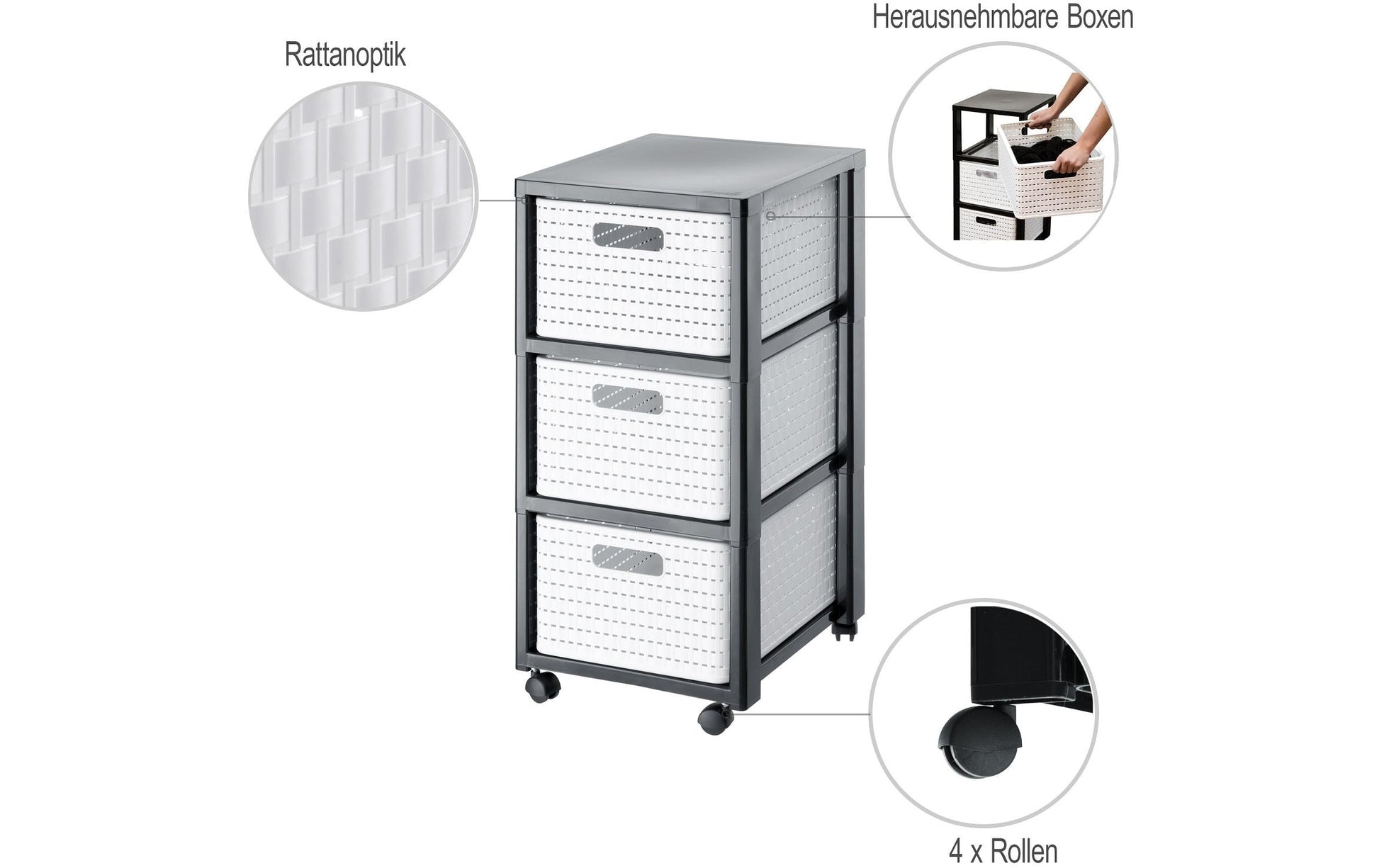 Rotho Tower Country Schubladenturm 3 Schubladen – 18 l – für A4 – mit Rollen – Weiss – 325 × 712 × 375 mm