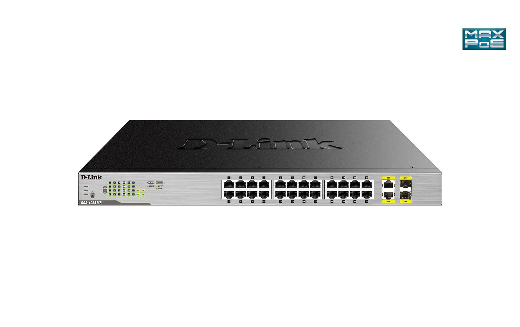D-Link DGS-1026MP – Managed Switch – 24×GbE, 2×SFP, L2, PoE+ 370 W, 1U