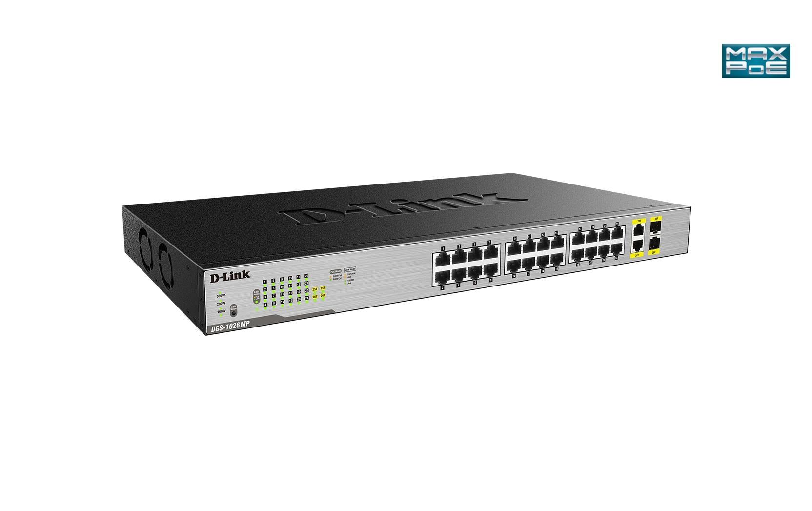 D-Link DGS-1026MP – Managed Switch – 24×GbE, 2×SFP, L2, PoE+ 370 W, 1U