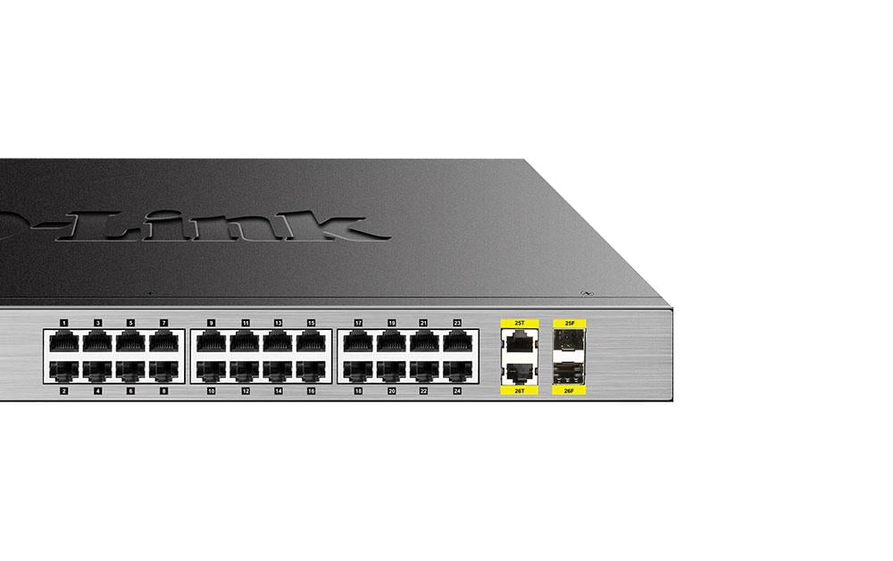D-Link DGS-1026MP – Managed Switch – 24×GbE, 2×SFP, L2, PoE+ 370 W, 1U