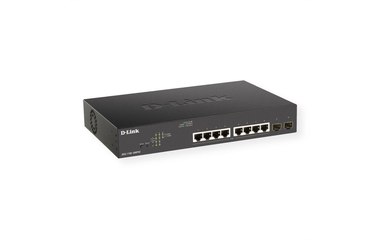 D-Link DGS-1100-10MPV2/E – Managed L2 Switch – 8× 1G, 2× SFP, PoE+, PoE-Budget 130 W, 19", 1U