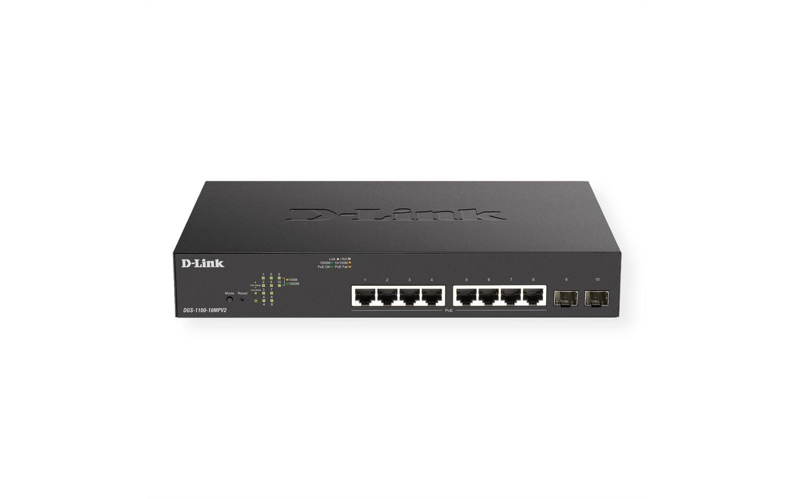 D-Link DGS-1100-10MPV2/E – Managed L2 Switch – 8× 1G, 2× SFP, PoE+, PoE-Budget 130 W, 19", 1U
