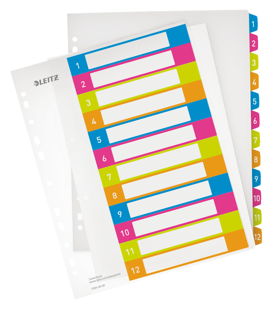 Leitz Wow Register – A4, 12-teilig, PP, farbig, vorgedruckt, 11-fach Lochung, überbreit