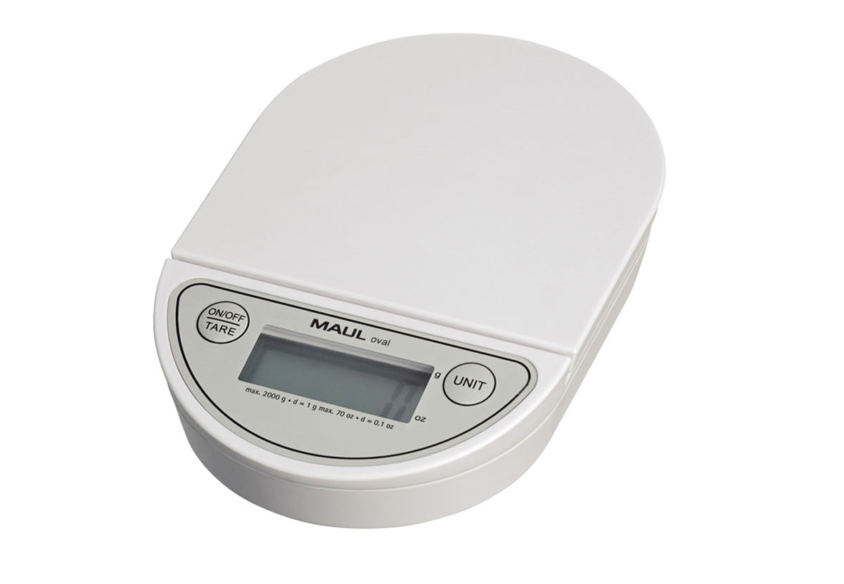 MAUL Briefwaage MAULoval – Tragkraft 2 kg, Teilung 1 g, Wiegefläche 12 × 12 cm, Batterie, Kunststoff, Weiss