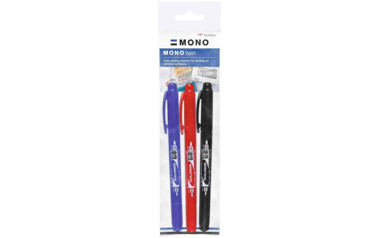 Tombow MONO twin Permanentmarker – Doppeltspitze 0,4/0,8 mm – Schwarz, Blau, Rot – 3er-Set