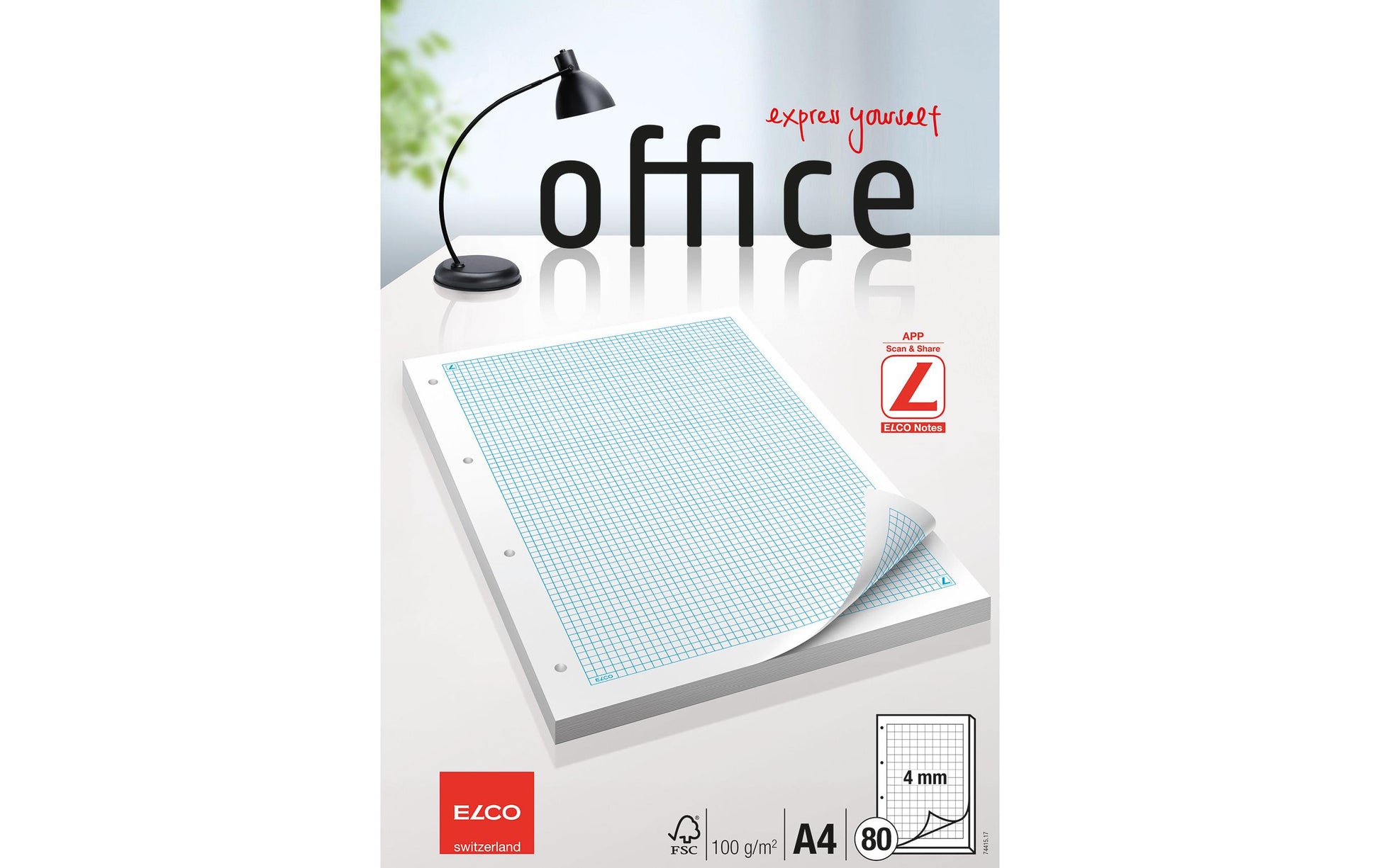 Elco Ringbuchblock, kariert, Leimbindung, 80 Blatt, 4-fach gelocht, 100 g/m² – weiss, für ELCO Notes-App