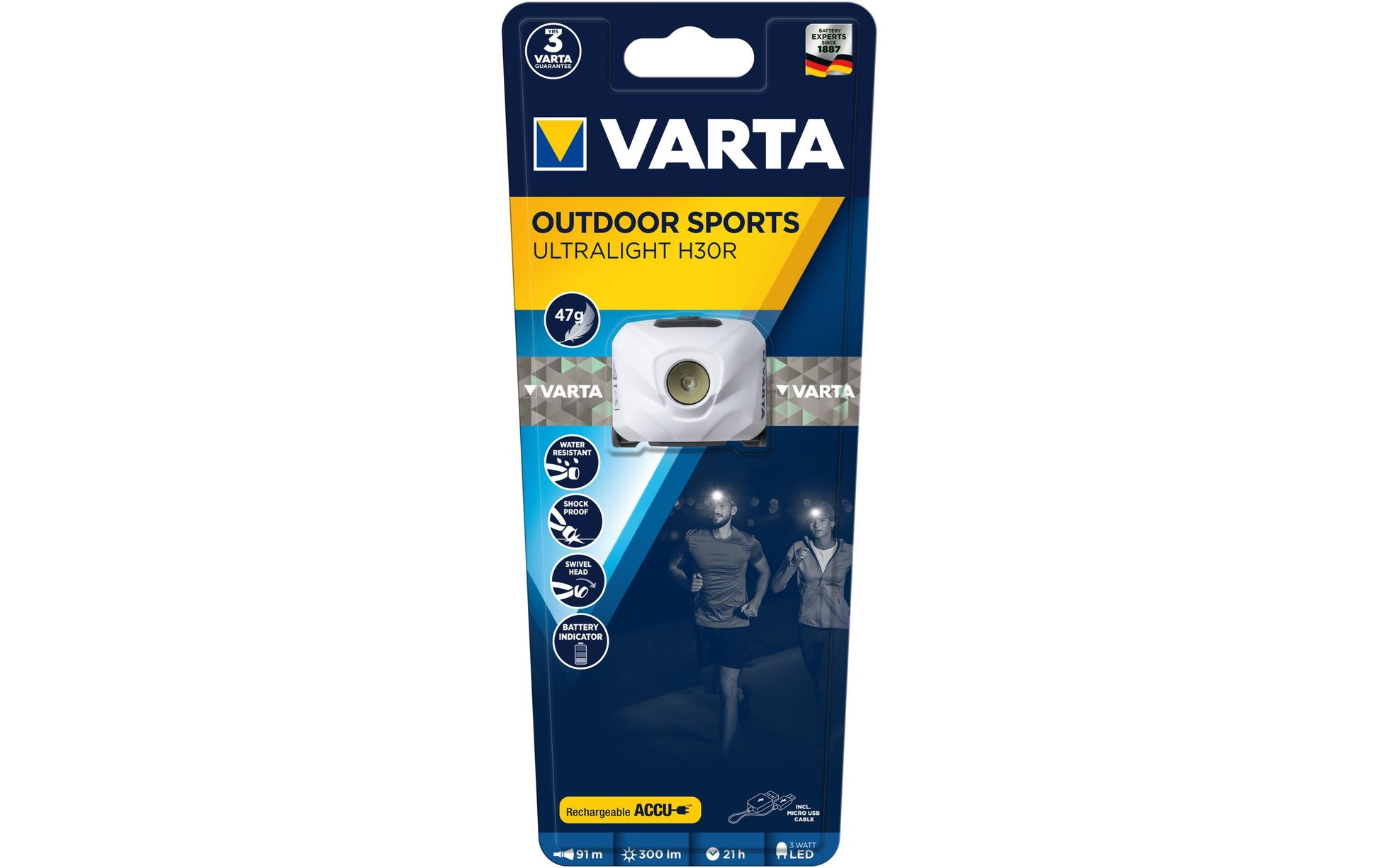 VARTA Stirnlampe Ultralight H30R – 300 lm, 91 m, IPX4, Laufzeit 21 h – Weiss