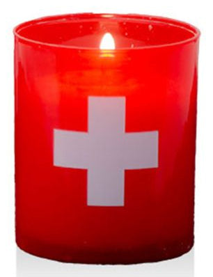Balthasar Kerze im Glas – mit Schweizer Kreuz – Ø 5 × 6 cm – Paraffin & Kunststoff, mehrfarbig, 4-teilig