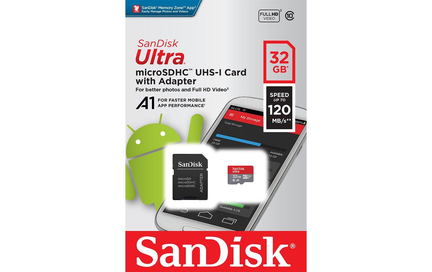 SanDisk Ultra microSDHC Speicherkarte – 32 GB, UHS-I, Klasse 10 A1 120 MB/s