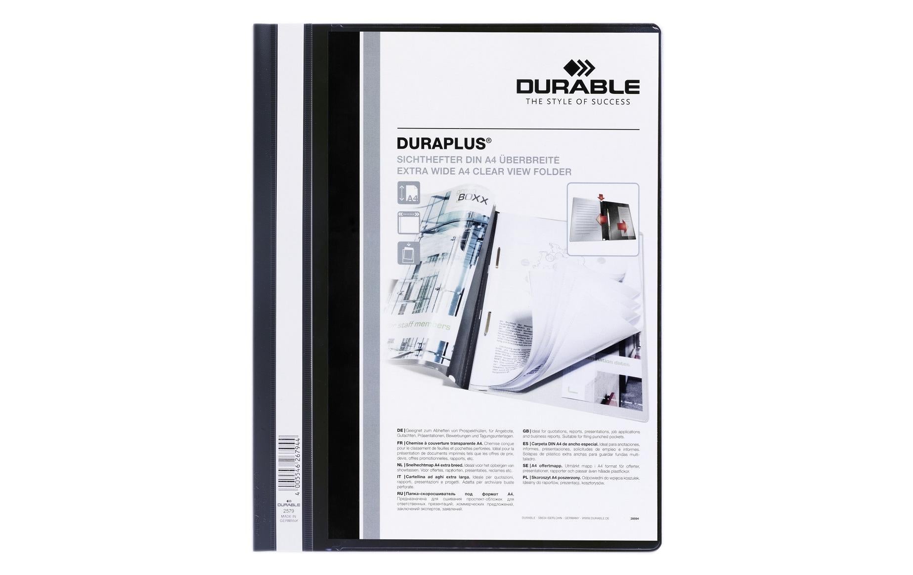 Durable Schnellhefter – A4, Kunststoff, schwarz, Sichttasche, Beschriftungsstreifen