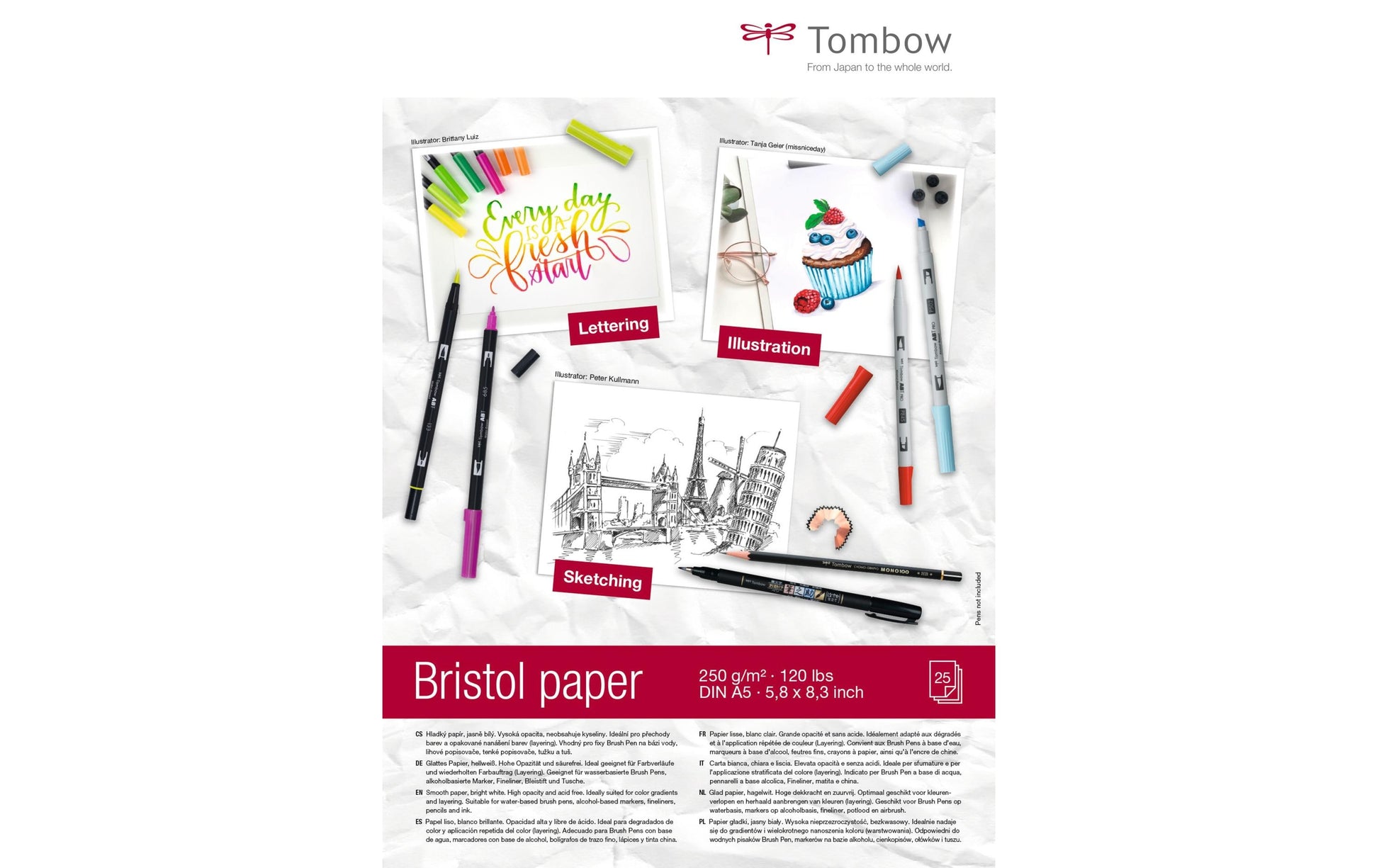 Tombow Zeichenblock – A5, 250 g/m², weiss, 25 Blatt, für Mixed Media