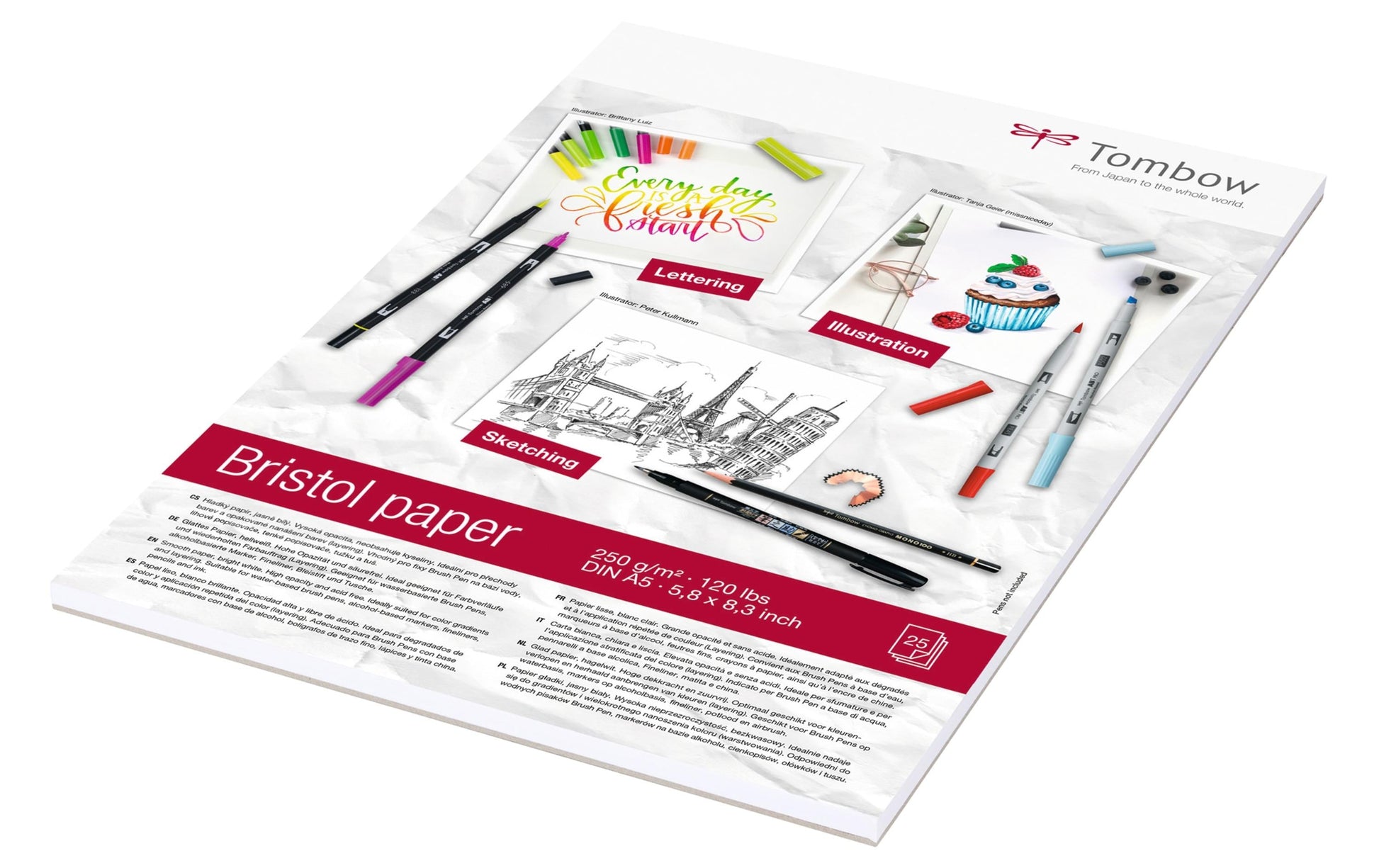 Tombow Zeichenblock – A5, 250 g/m², weiss, 25 Blatt, für Mixed Media