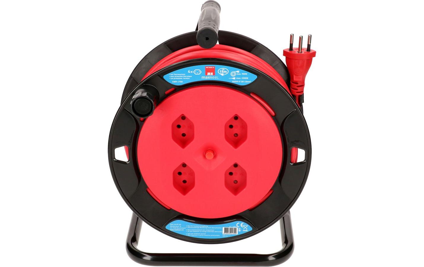 Max Hauri AG Max Hauri Kabelrolle, 15 m, 4×T13, Thermoschutz, Eingang T12 – Rot
