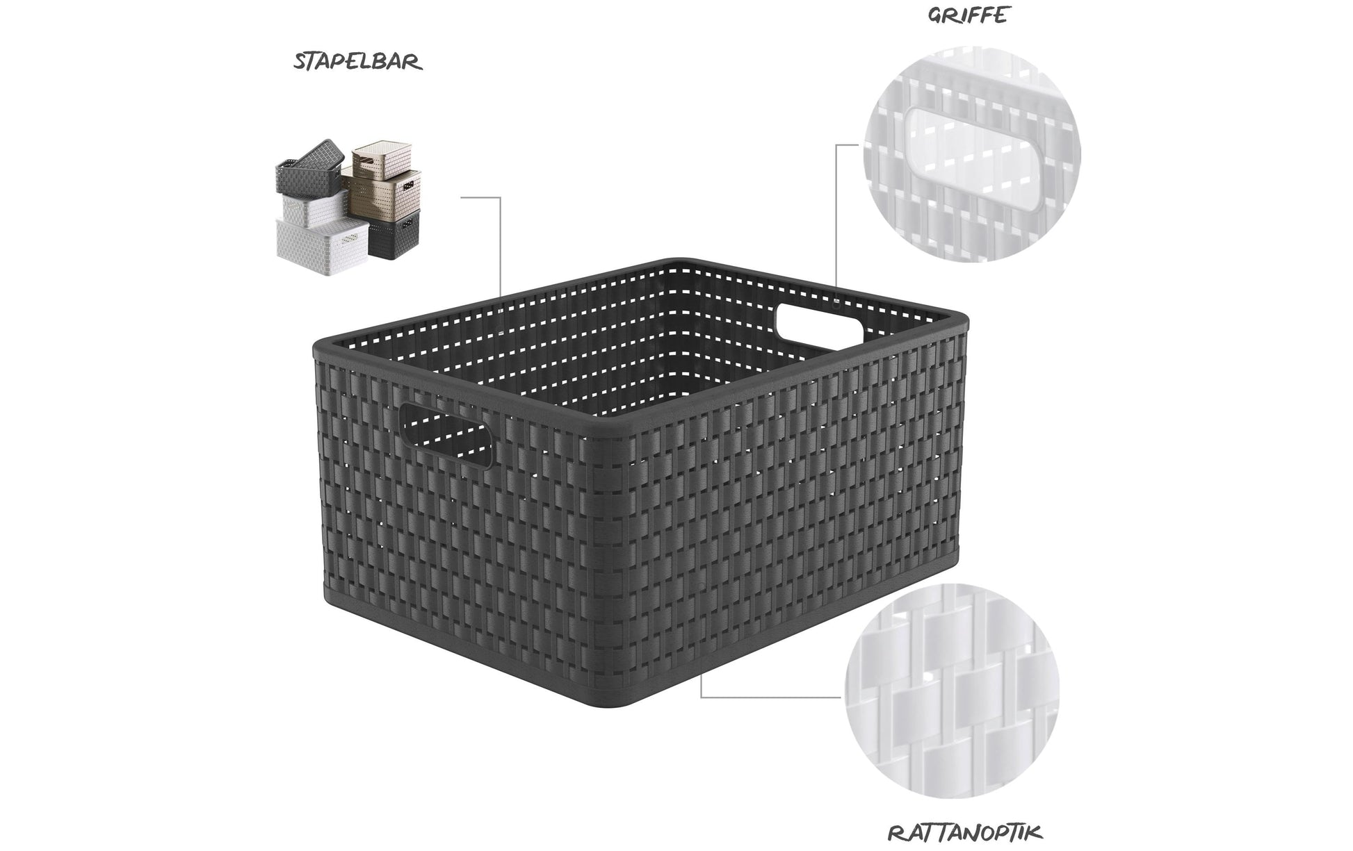Rotho Country Aufbewahrungskorb 28 l – Recycling-Kunststoff – Anthrazit – mit Griffen – 430 × 215 × 333 mm