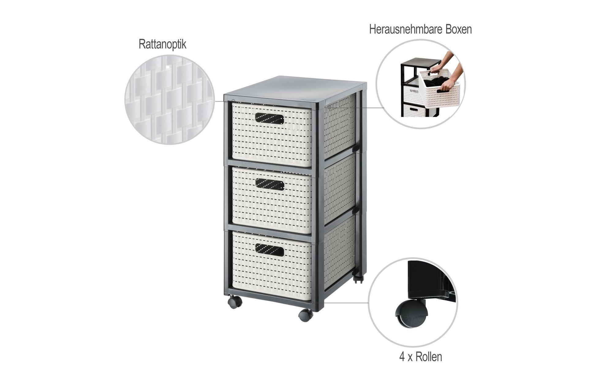 Rotho Schubladenelement – 3 Schubladen, mit Rollen, Beige, Recycling-Kunststoff, B 325 × H 712 × T 375 mm