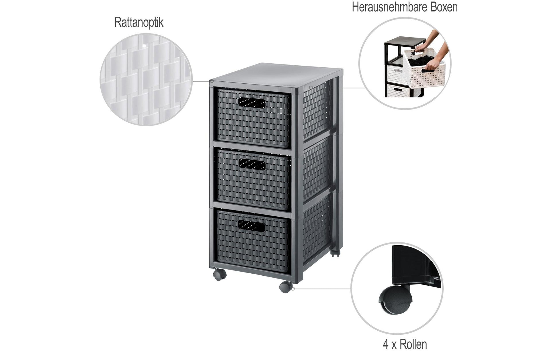Rotho Schubladenturm 3 Schubladen – mit Rollen – Anthrazit – 325 × 712 × 375 mm