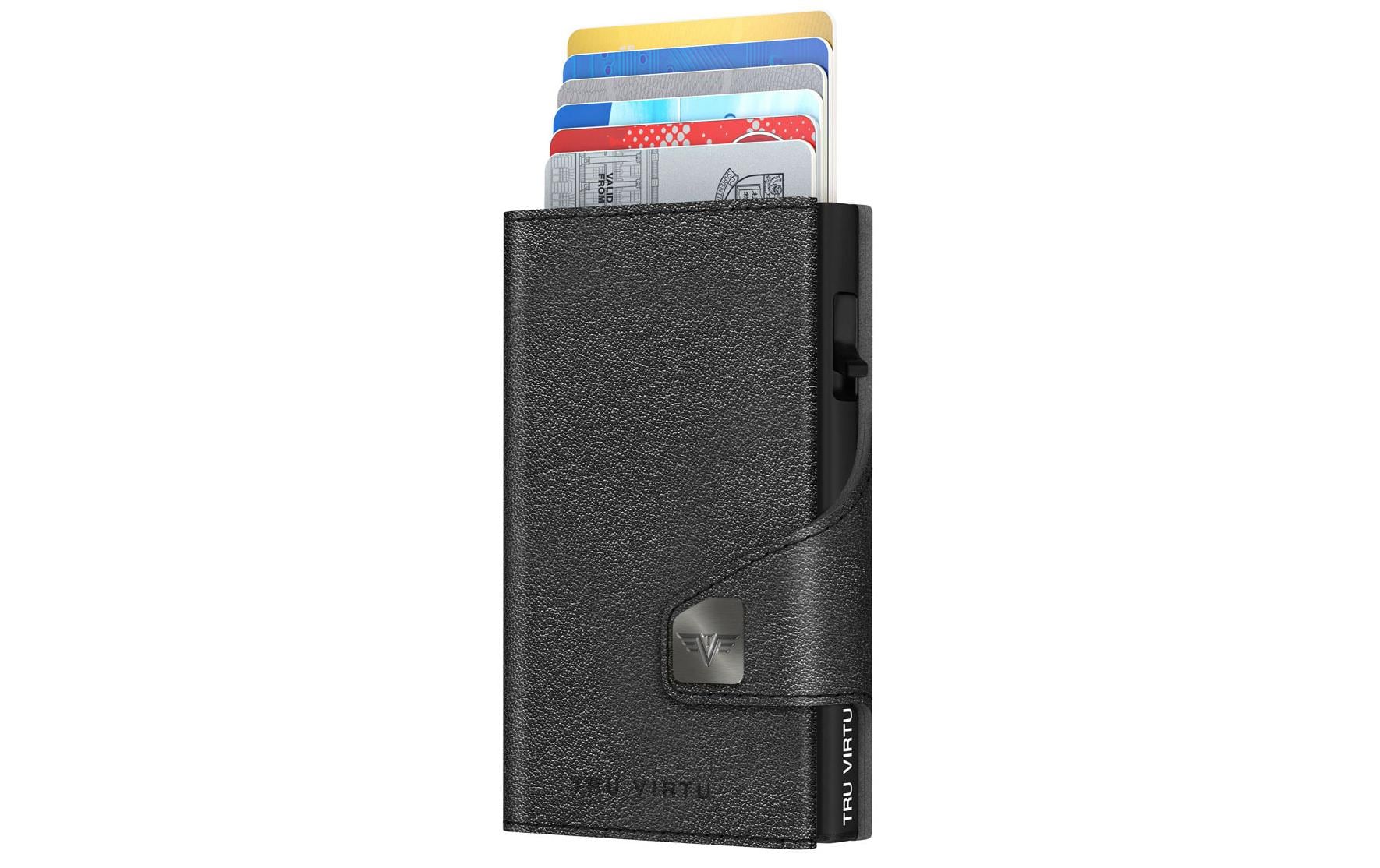 TRU VIRTU Kartenetui – RFID-Schutz, Druckknopf – 12 Karten, 99 × 21 × 67 mm – Schwarz – Aluminium/Leder