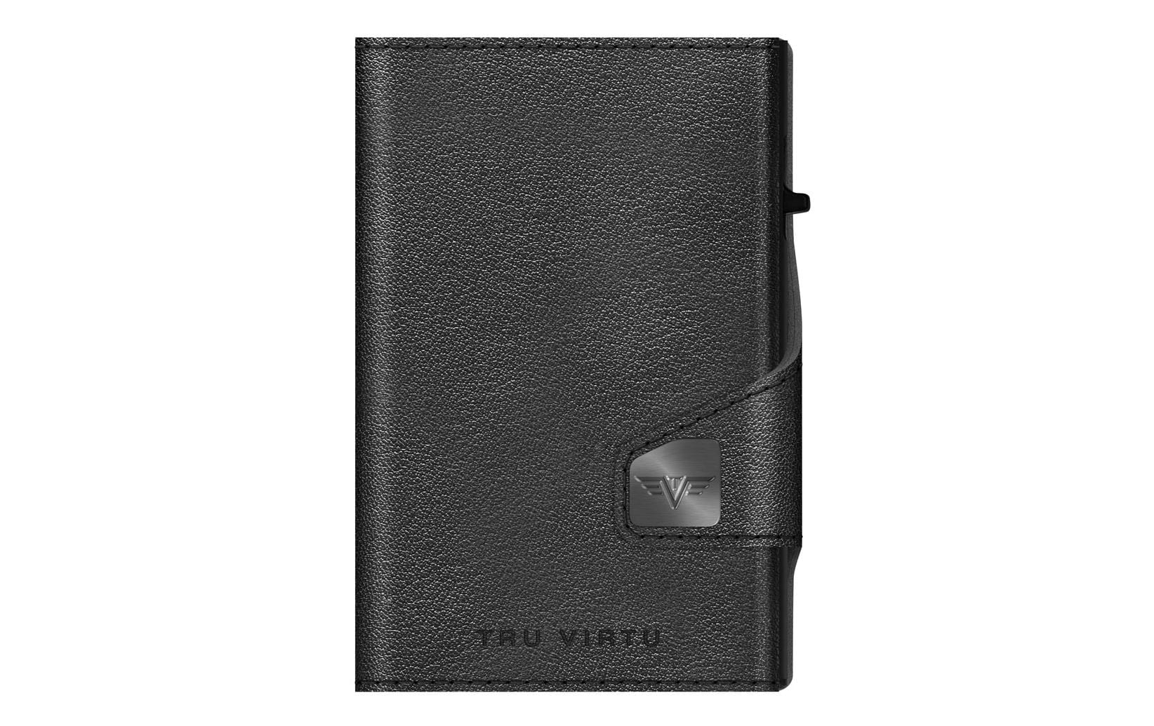 TRU VIRTU Kartenetui – RFID-Schutz, Druckknopf – 12 Karten, 99 × 21 × 67 mm – Schwarz – Aluminium/Leder