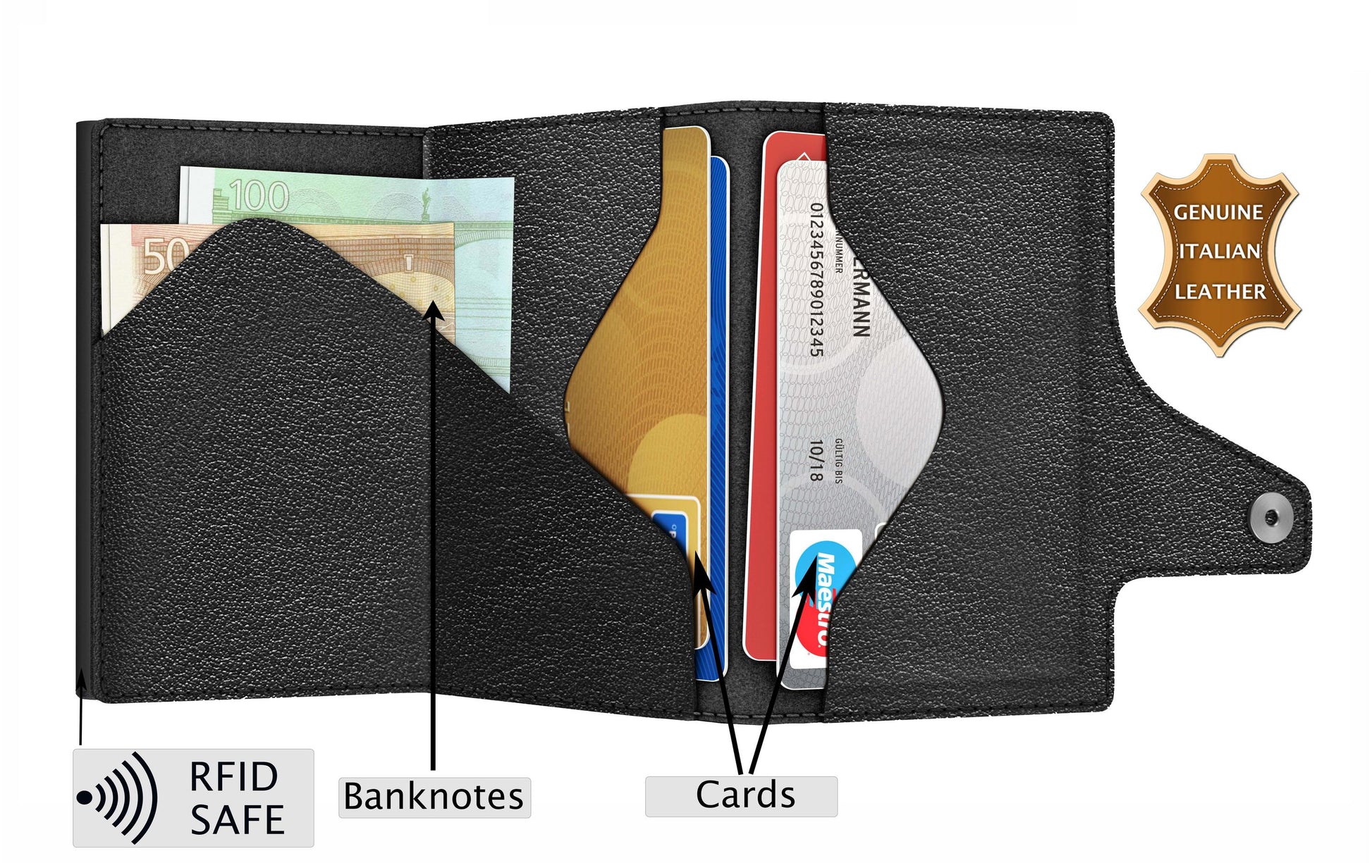 TRU VIRTU Kartenetui – RFID-Schutz, Druckknopf – 12 Karten, 99 × 21 × 67 mm – Schwarz – Aluminium/Leder