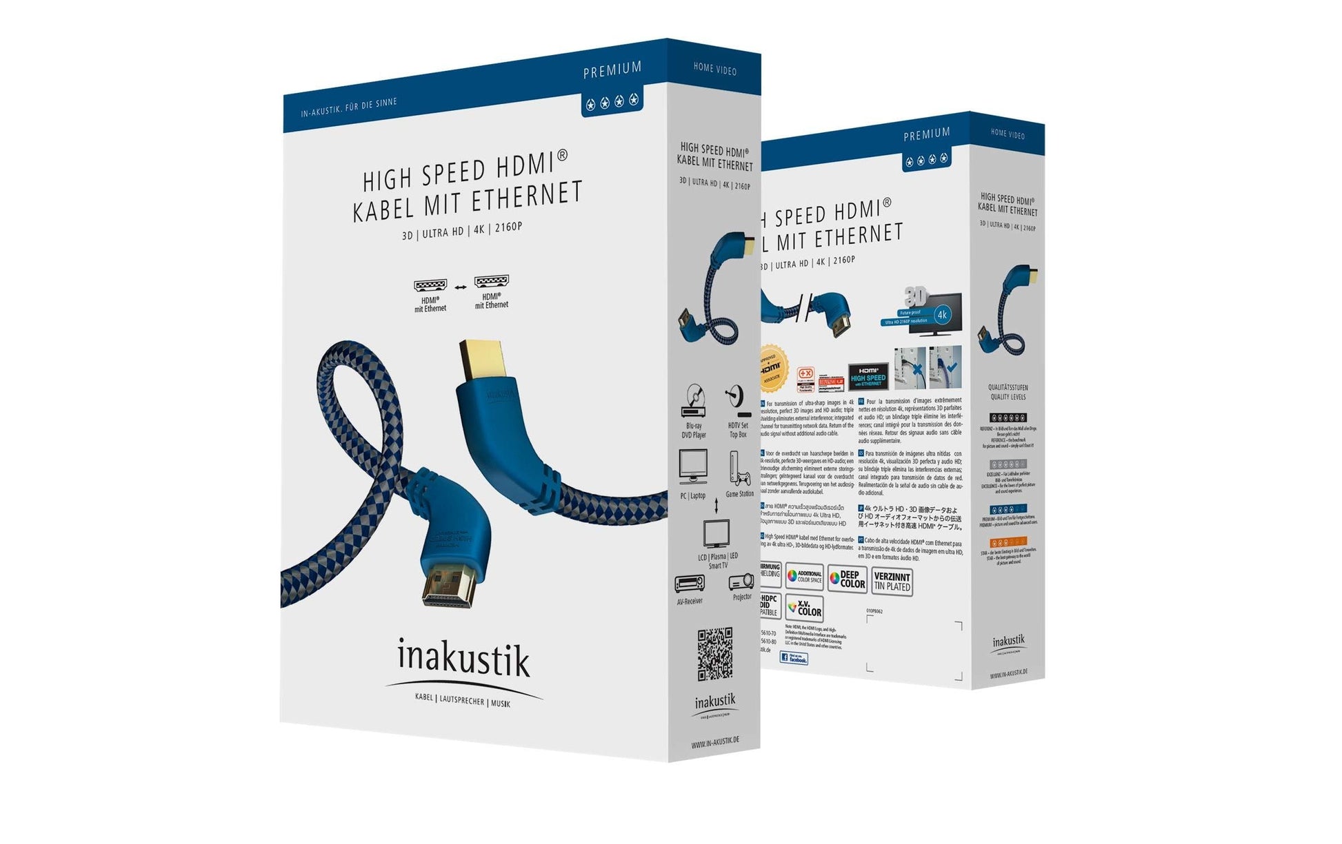 Inakustik HDMI Kabel HDMI 2.0 4K 60 Hz – 1 m – Ethernet – Blau/Silber