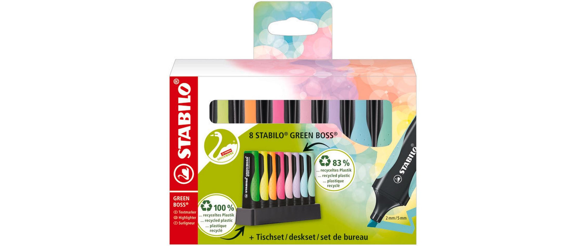 STABILO Textmarker Desktop Set 8 Farben – Keilspitze, 2–5 mm, nachfüllbar