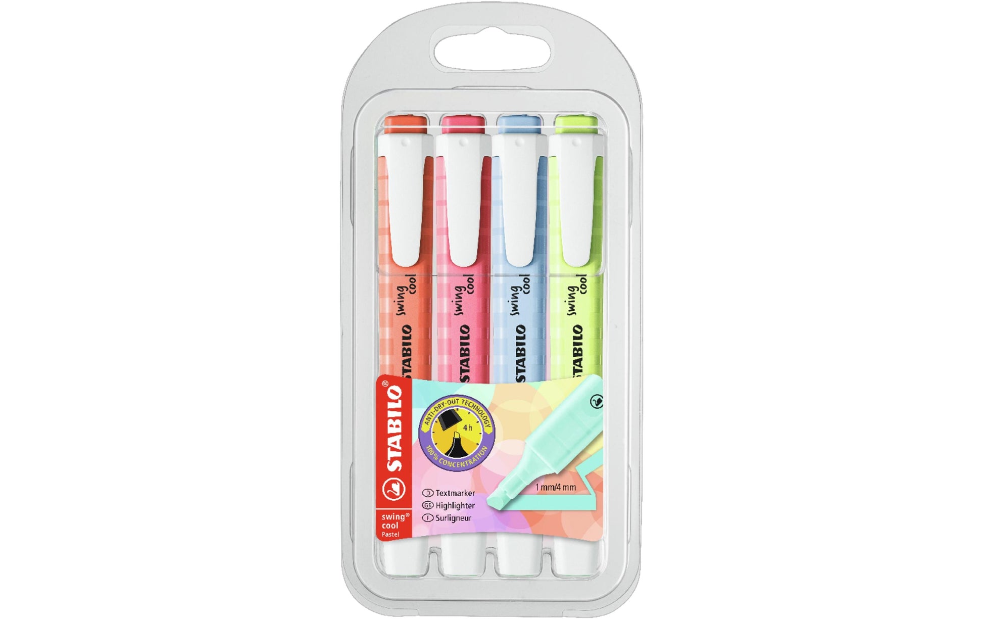STABILO swing cool Textmarker Set 4 Pastellfarben – Keilspitze, 1–4 mm