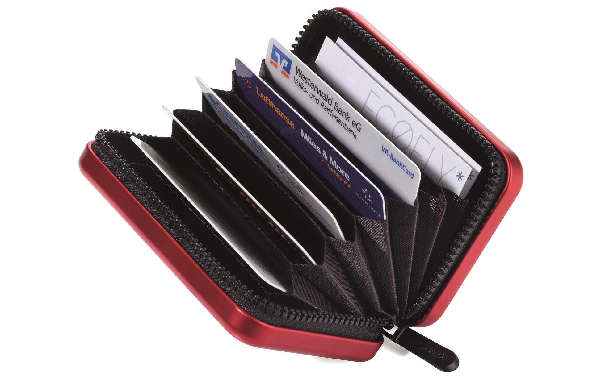 TROIKA Kartenetui – 9 Taschen, 20 Karten – 30×105 mm – Rot – Aluminium, Polyester