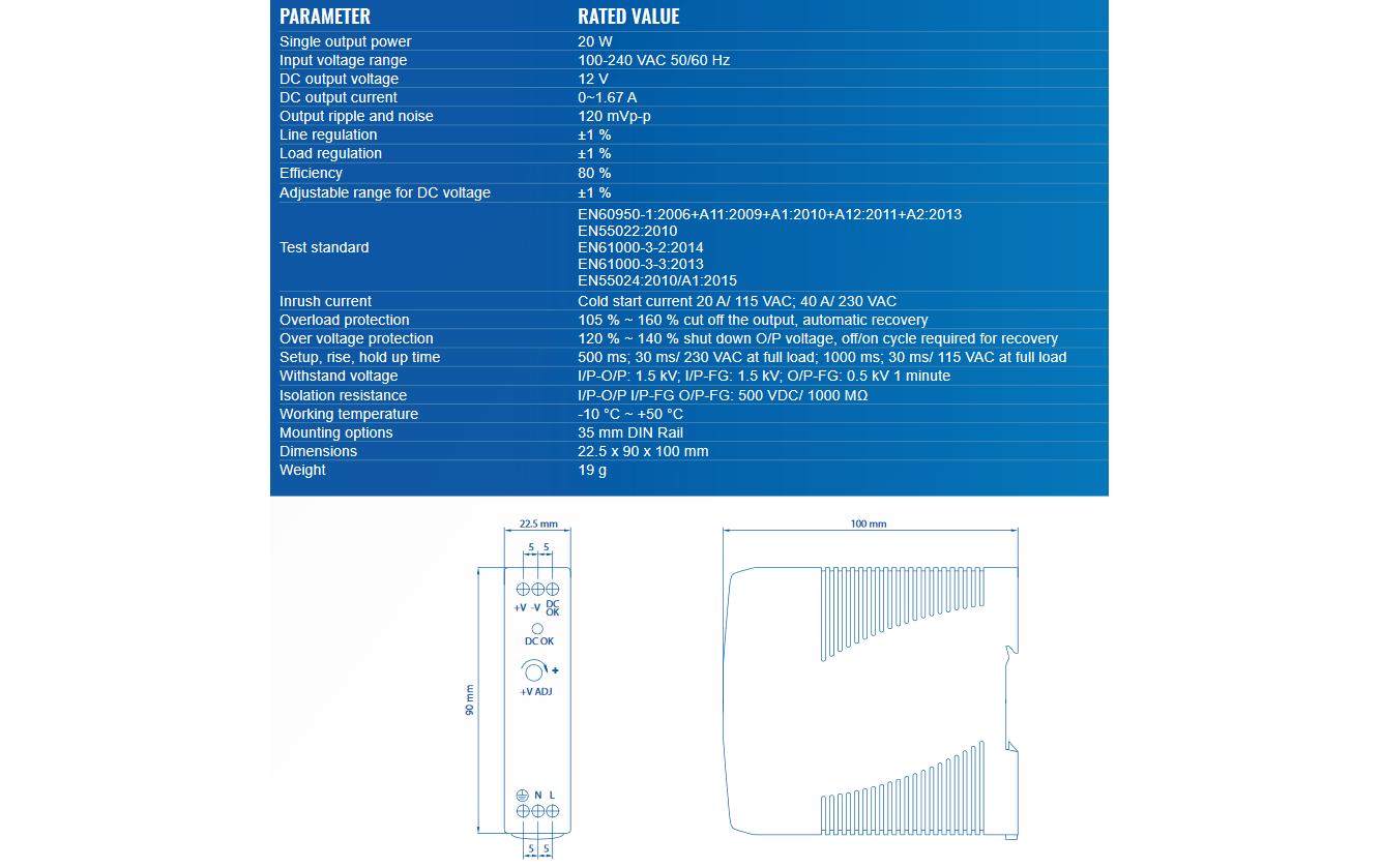 Teltonika PR3PDNP0 Netzteil 20 W – 12 V/1,67 A, AC zu DC – DIN-Schiene – für Teltonika Netzwerkgeräte